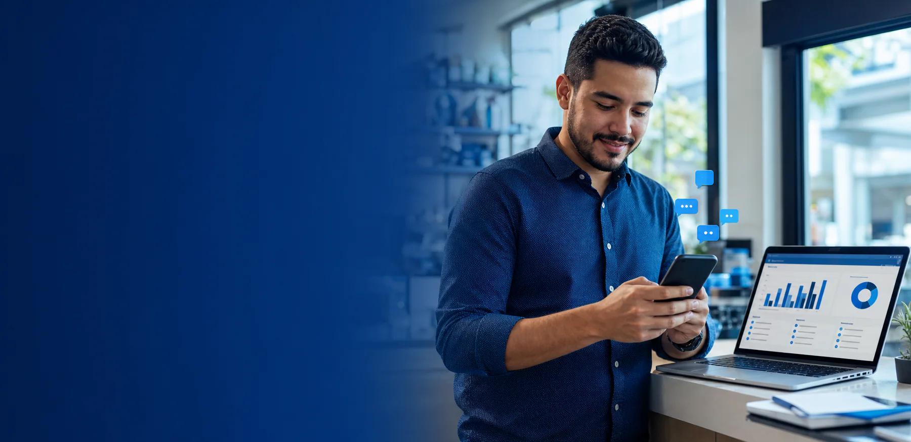Empresario gestionando comunicaciones SMS desde su teléfono y computadora